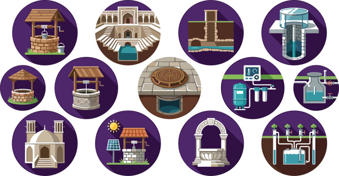 Historic wells and water management icon set featuring stone wells, water pumps, filtration systems, reservoirs and utility infrastructure