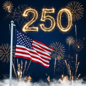 American flag waving proudly during fireworks display celebrating 250th anniversary of united states independence day.