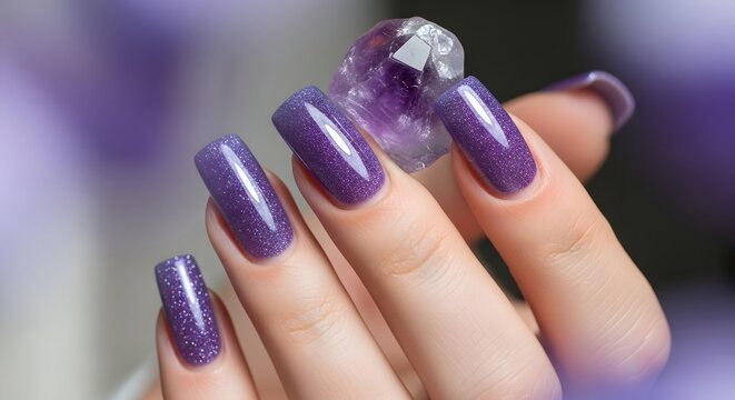 Close up photo of female hand with fashion manicure showing glittery purple nail polish.