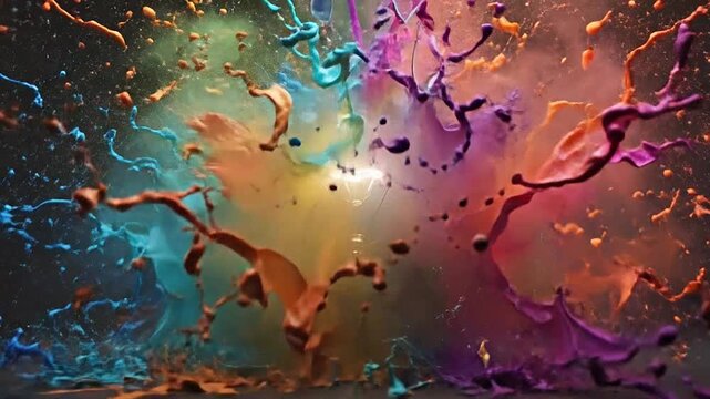 A glass light bulb exploding with vibrant liquid paint splashes