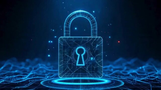 Futuristic digital padlock surrounded by fiery energy and glowing network connections, symbolizing cybersecurity, data protection, encryption, and online security. video