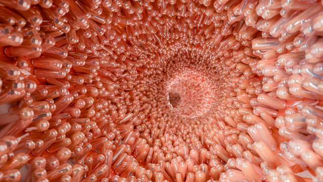 medically accurate illustration of intestinal villi. Red microvilli in a intestinal tract. close-up, Microbiology, anatomy, biology, science, medicine, medical and healthcare concepts. 3D Render