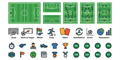 Soccer statistics infographic pitch view player positions game events and football terminology icons © Tamanna