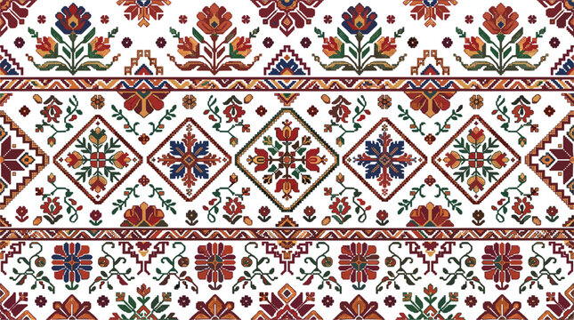 Traditional ethnic seamless border pattern vector featuring geometric floral embroidery folk motifs Turkish or Slavic cross stitch ornament