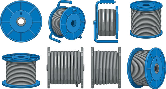 Industrial Cable Reel and Wire Spool Vector Illustration Set with Blue Extension Cords and Electrical Coil Drums for Construction and Hardware Graphic Designs