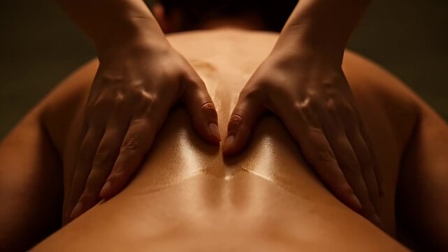 Close-up of a massage therapist hands applying oil and massaging a woman's back in a dimly lit spa, relaxation and wellness therapy concept.
