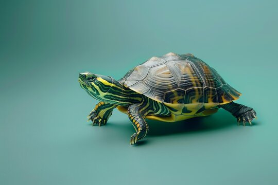 Studio shot of a painted turtle walking on a turquoise background, showcasing its colorful shell and unique patterns