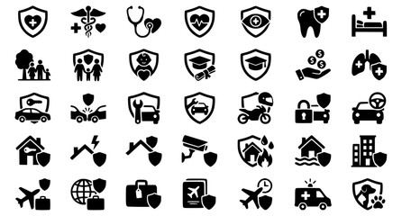 Comprehensive Dual Color Insurance Icons Set with Medical Car Travel Pet and Legal Protection Symbols © Tonmoy