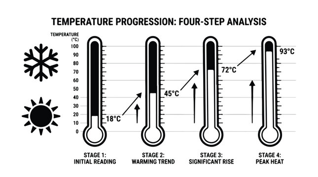 Vector graphic illustration showing four thermometers displaying a temperature progression analysis with scientific data and icons