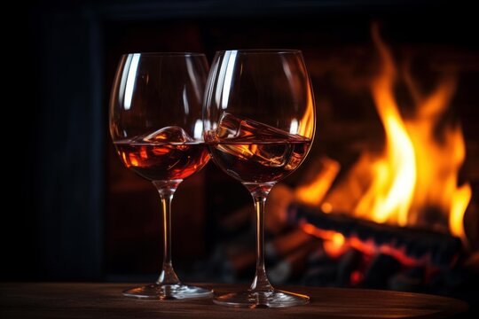 Two glasses containing cold beverage with ice beside a warming fireplace
