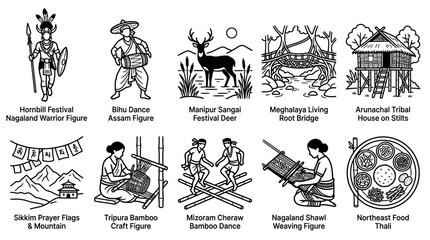 Obraz premium Set of ten monochrome illustrations showcasing Northeast Indian culture and heritage.