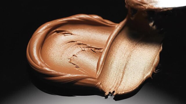 Motion of creamy white cosmetic texture smears concept. Smooth creamy chocolate spread on knife close up with glossy texture and rich brown color on black background