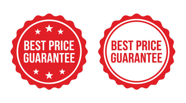 Red vector graphic set featuring circular best price guarantee badges with stars and bold text