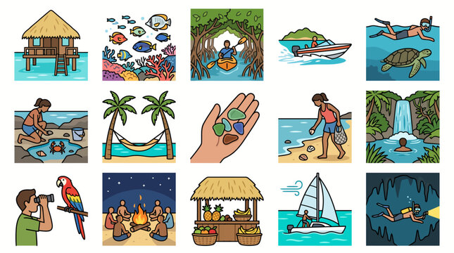 Set of travel and vacation icons showing tropical adventures and leisure activities.