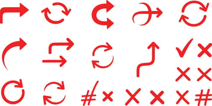 Set of red arrows and symbols including check marks and cross signs for web and interface design