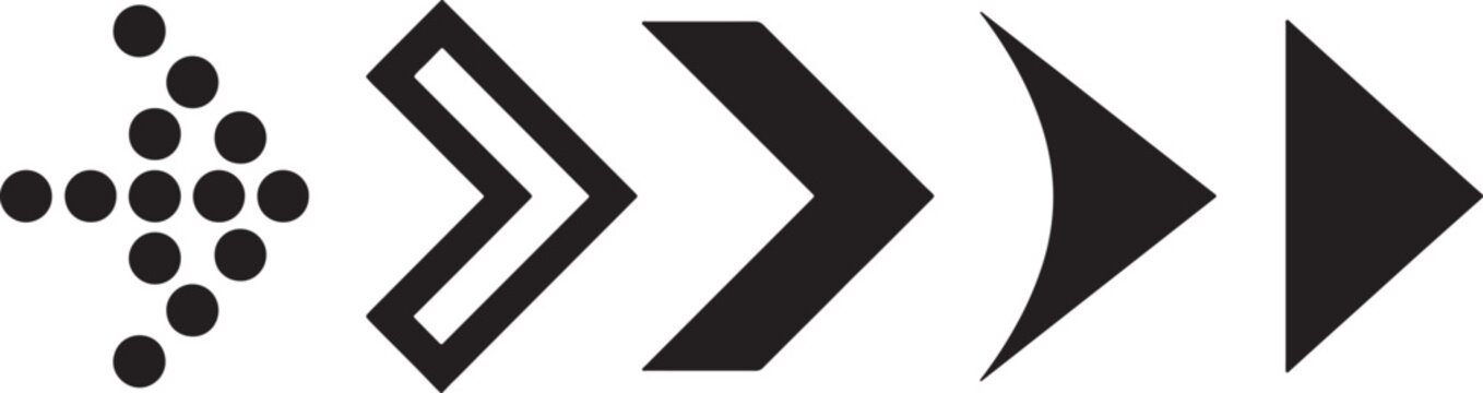 A collection of five distinct black arrow on a white background, featuring dotted, outlined, chevron, curved, and solid also transparent background