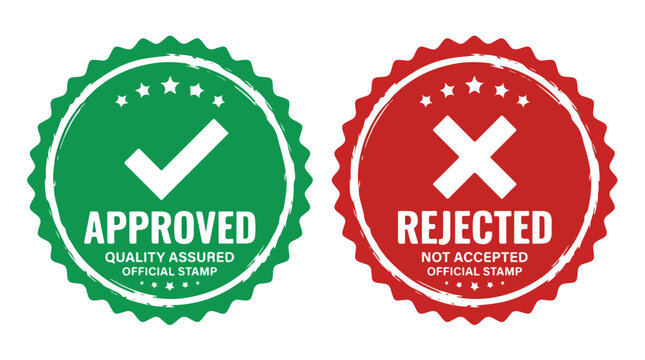 Green approved and red rejected vector stamp set with circular serrated edges and white icons