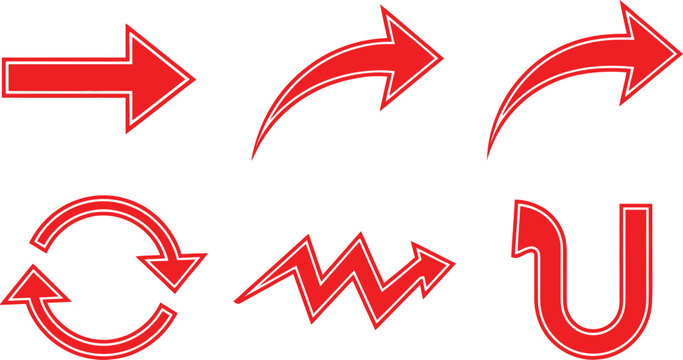 Set of red arrows with yellow outlines in various shapes and directions