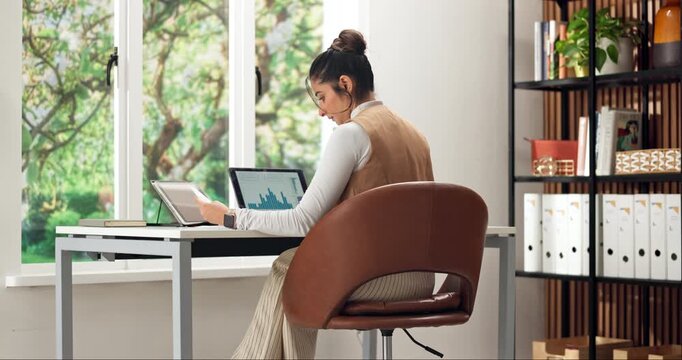 Laptop, woman and writing in home office with document, remote work and data analysis for HR job. Person, paperwork and computer by window with human resources stats, graphs and staff turnover notes.