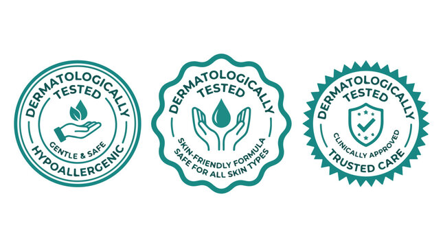 Set of three green dermatologically tested circular vector graphic badges for skincare and cosmetic product branding