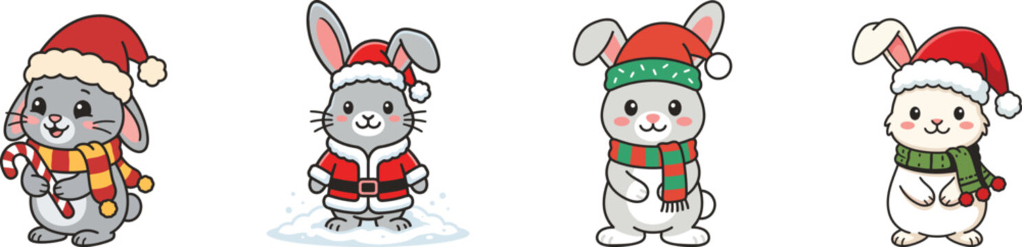 Cute cartoon rabbits wearing christmas hats and scarves isolated on white background