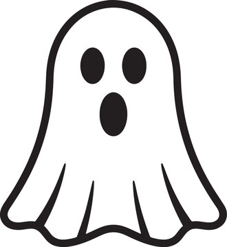 Simple black and white cartoon ghost with a surprised expression, featuring an oval mouth and two eyes isolated on a also transparent background