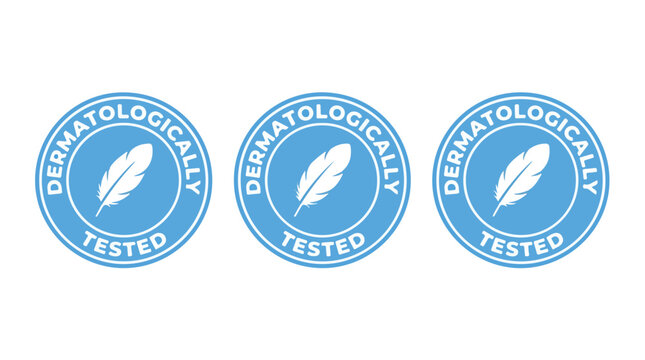 Three blue circular vector illustration icons featuring a white feather representing dermatologically tested product quality standards