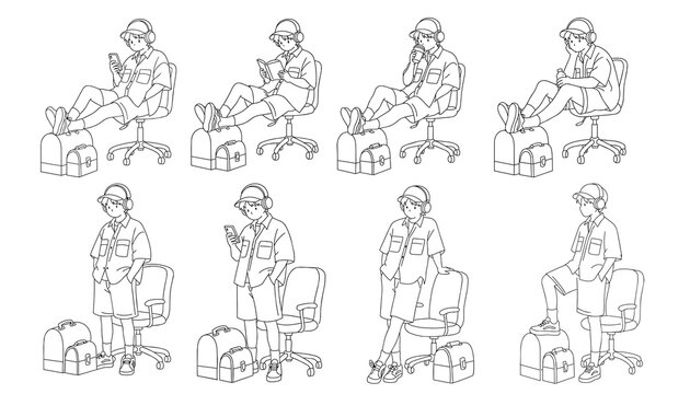 Boy Listening to Music Pose Set Line Art Illustration