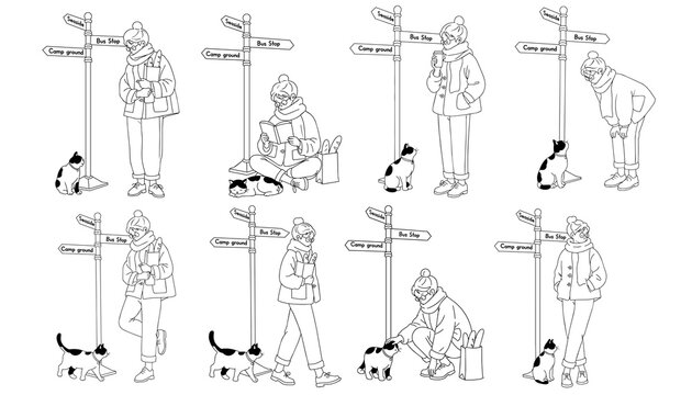 Tennis Girl Sport Pose Set Black Line Art Illustration