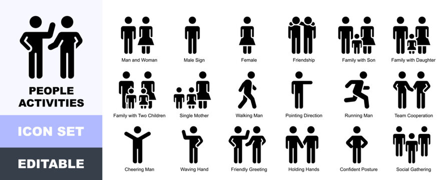 People Activities Icon Pack Featuring Male Sign, Female, Friendship, Family, Single Mother, Walking Man, Running Man, Team Cooperation, 
