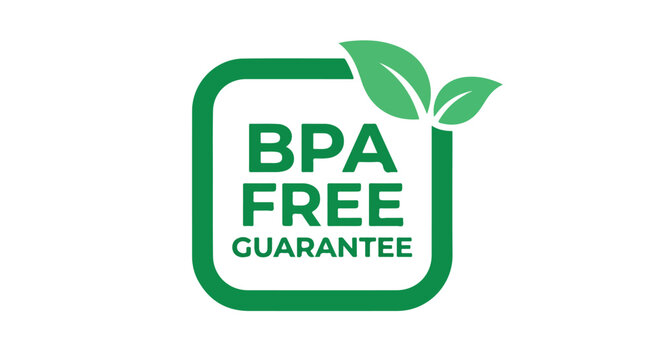 Minimalist green vector graphic illustration featuring a bpa free guarantee label with two organic leaves