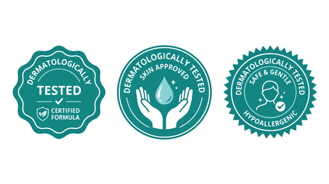 Three flat teal vector graphic badge designs for dermatologically tested and certified skin care products