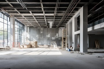 Naklejka premium Modern commercial space in early stages of construction with exposed concrete architecture