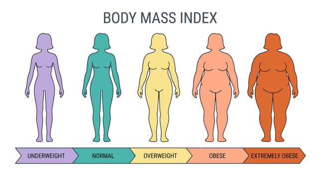 Infographic of five distinct female body shapes illustrating Body Mass Index categories, illustrating health education and weight management concepts