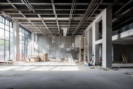 Modern commercial space in early stages of construction with exposed concrete architecture