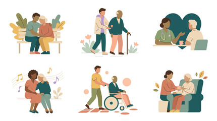 Fototapeta premium Vector illustrations depicting younger individuals providing care, support and companionship to elderly, Illustrating compassionate services and intergenerational relationships for social welfare