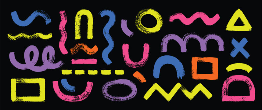 Colorful neon brush strokes vector set with abstract hand drawn geometric shapes, wavy lines, zigzags, and circles in retro Memphis style on a solid black background for modern graphic design.