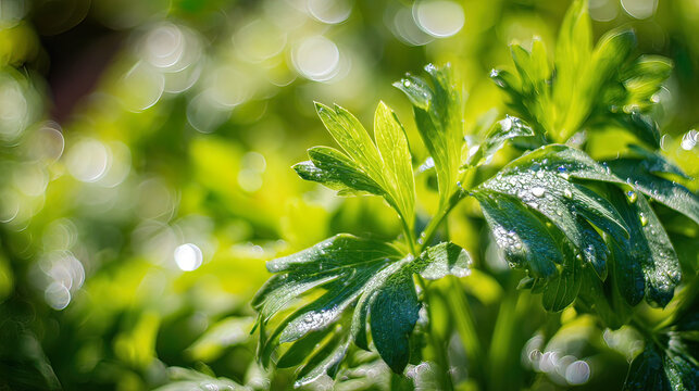 lovage. Fresh green lovage leaves glistening with morning dew. gardening catalogs, home-decor guides, designed for home decor and floral branding, used by recruiters.
