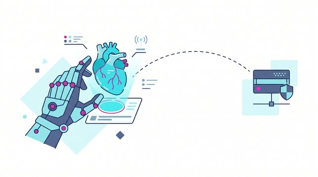 Minimalist flat vector illustration of a robotic hand analyzing a human heart and transferring medical data to a secure server, representing telemedicine and bio-mechatronics