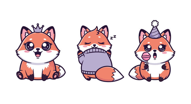 Cute Cartoon Foxes Wearing Festive Party Accessories Together.
