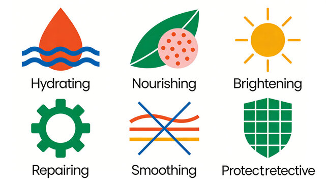 Six flat, colored skincare icons representing the fundamental concepts of hydration, nourishment, brightening, repair, and smoothing protection.
