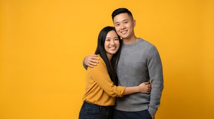 Fototapeta premium Happy young Asian couple embracing and smiling warmly at the camera against a vibrant yellow studio background, showcasing affection and joy in a half-body portrait.