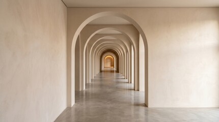 Obraz premium Modern Minimalist Interior Design Featuring a Symmetrical Sequence of Elegant Arched Corridors with Neutral Tones