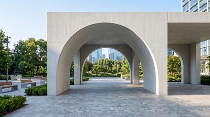 Fototapeta premium Modern concrete arch structure in an urban park with skyscrapers in the background