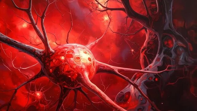 A microscopic view of glowing red biological cells in motion