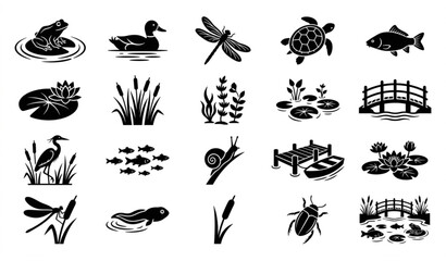 Obraz premium Pond Life Black Silhouette Icon Set with Animals Plants and Structures