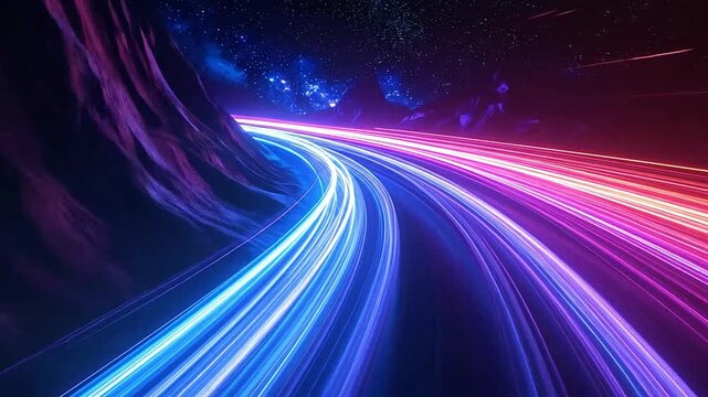 Abstract light trails moving through a dark cosmic landscape scene