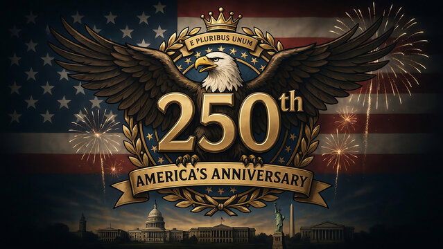 Magnificent bald eagle with 250th America's anniversary badge, e pluribus unum motto, capitol building, and statue of liberty against American flag and fireworks.