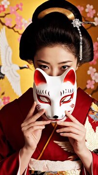 Japanese woman in kimono holding traditional kitsune mask.