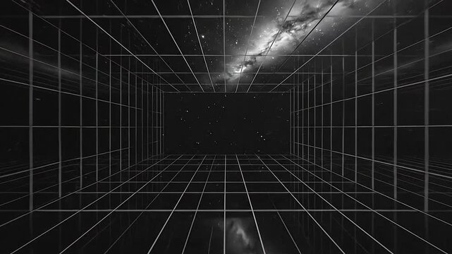A digital grid tunnel extending into a deep dark space